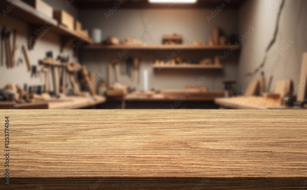 Beautiful natural wood tabletop and workshop or garage background with tools Beautiful natural wood tabletop and workshop or garage background with tools