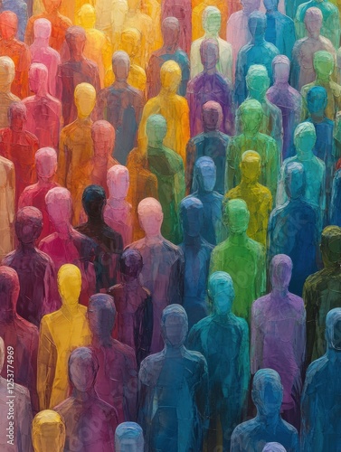 An abstract artistic piece showcasing a crowd of human figures in bright colors, symbolizing social unity, diversity, and the harmonious coexistence of different cultures.
