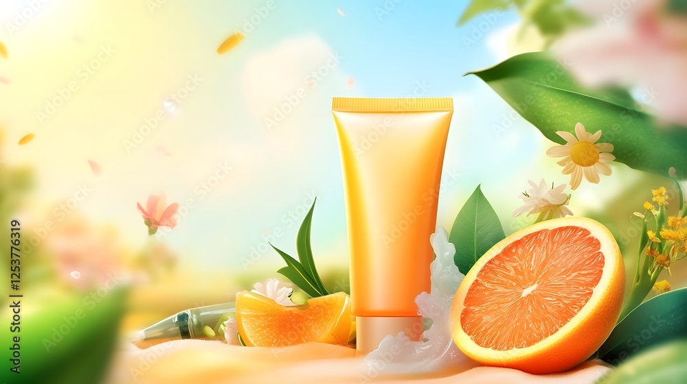 Fototapeta premium Closeup of an orange vitamin C infused skincare cream or lotion product in a vibrant summer setting with green leaves flowers and bright natural light The image showcases the product s natural