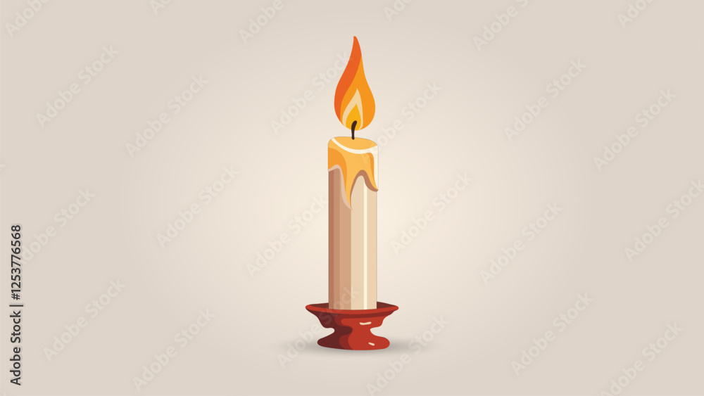 Burning Candle: A single white candle on a red candlestick burns brightly, its warm orange flame illuminating the surrounding darkness with a sense of peace and tranquility. Burning Candle: A single white candle on a red candlestick burns brightly, its warm orange flame illuminating the surrounding darkness with a sense of peace and tranquility.
