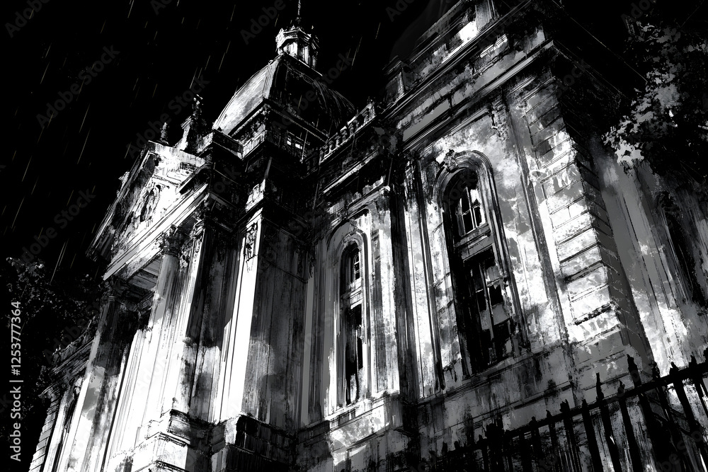 Obraz premium Dramatic Black and White Gothic Architecture: Haunting Historic Buildings in Stormy Night Reflections, Eerie Shadows, and Moody Urban Atmosphere with Surreal Texture and Decay