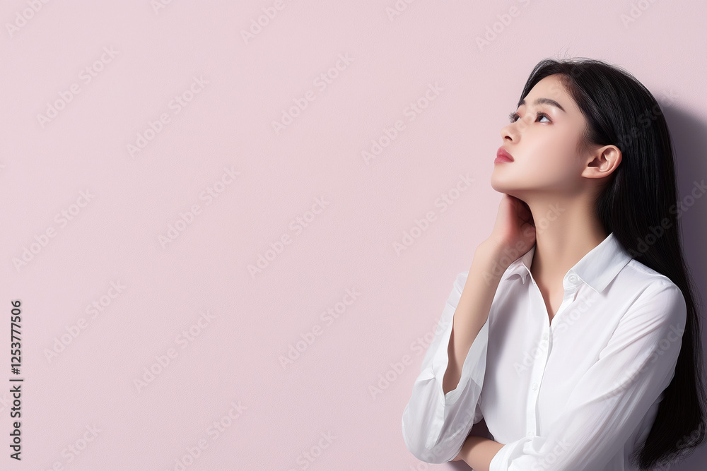 Young woman in white shirt thoughtfully gazing up against a pastel pink wall Young woman in white shirt thoughtfully gazing up against a pastel pink wall