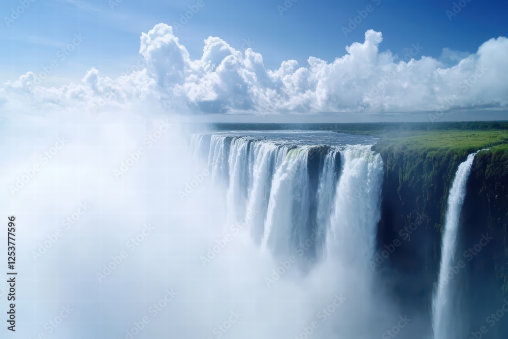 Majestic Waterfall with Mist and Clouds Under Bright Blue Sky Majestic Waterfall with Mist and Clouds Under Bright Blue Sky