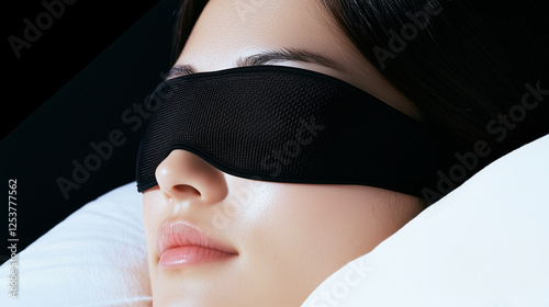 A close-up of a woman resting peacefully with a black sleep mask covering her eyes, lying on a white pillow against a dark background, highlighting relaxation and comfort. photo