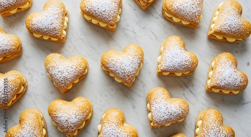 Top-down view of gourmet heart-shaped pastries on a marble countertop1 photo