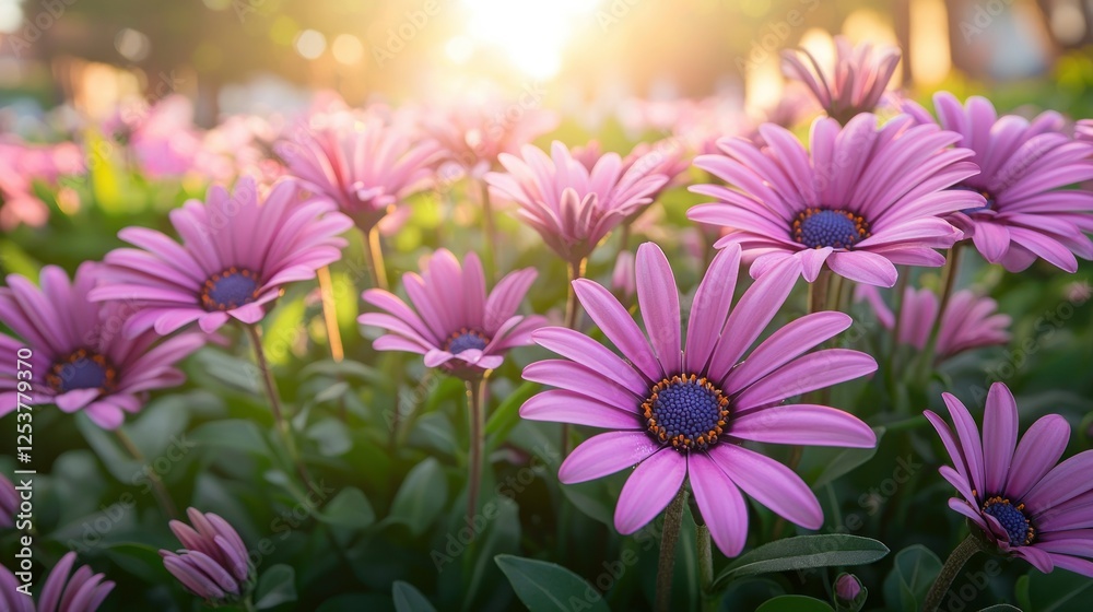 Obraz premium Pink Osteospermum flowers sunset garden