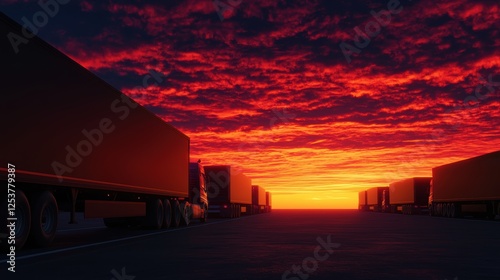 Row of colorful trucks parked on a wide asphalt surface under a glowing sky perfect for transportation fleet branding or logistics advertising photo