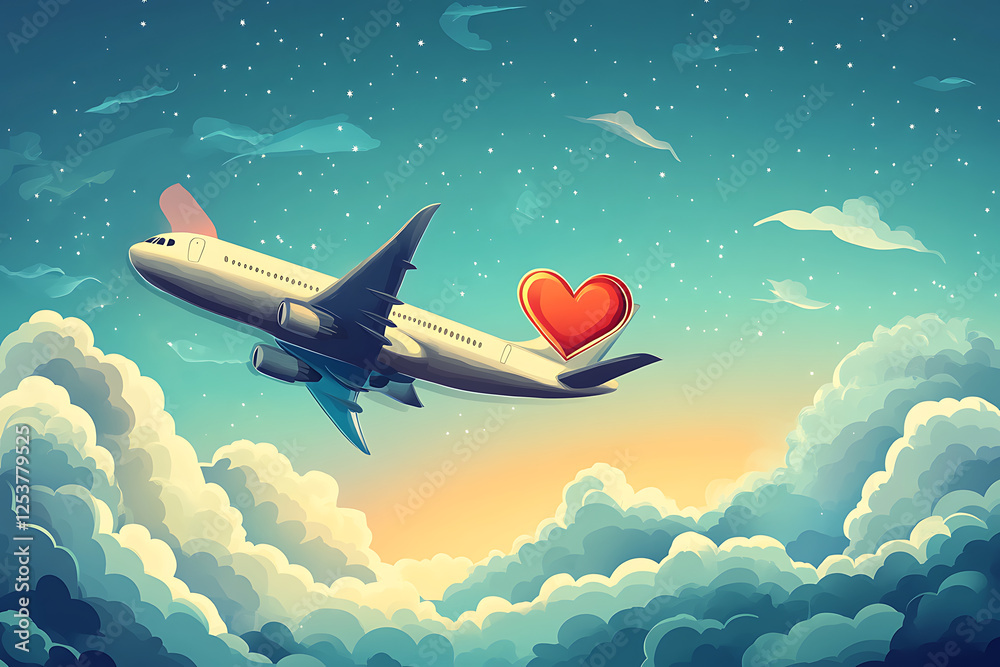 Naklejka premium Airplane flying through a colorful sky with clouds at sunset, symbolizing love and travel