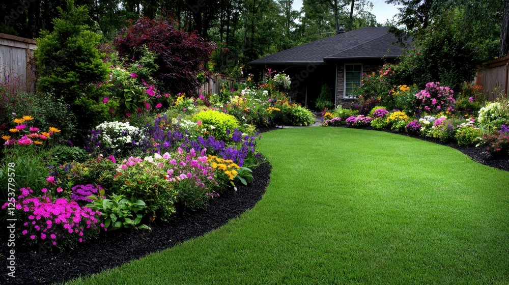 Fototapeta premium Colorful garden with house in background. Use for home and garden design