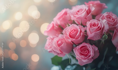 Elegant Pink Roses with Bokeh Lights Background Close-Up View for Valentine's day or Wedding