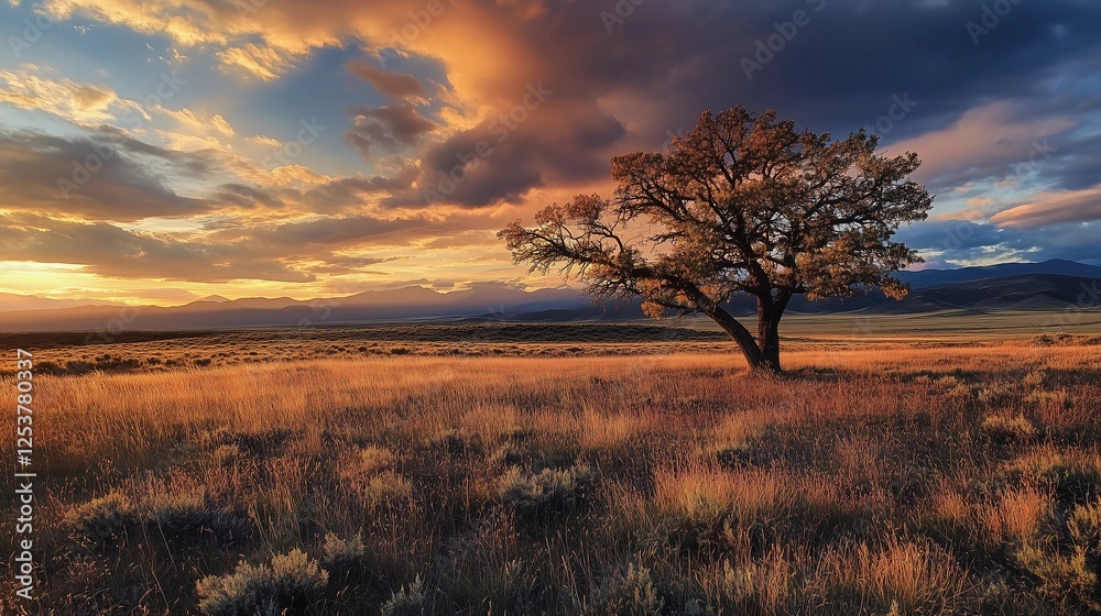 A tree stands in a field of tall grass. The sky is cloudy and the sun is setting A tree stands in a field of tall grass. The sky is cloudy and the sun is setting