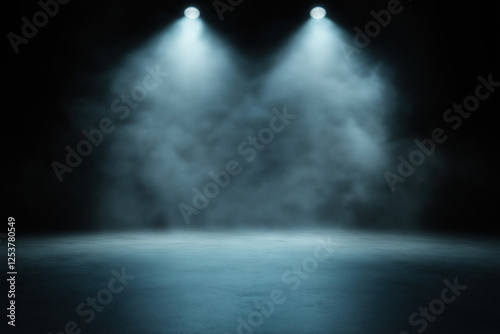 Spotlights illuminate a foggy stage preparing for an upcoming performance
