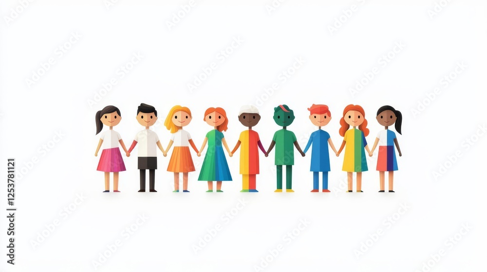 Diverse group of cartoon characters holding hands, symbolizing unity and friendship. Diverse group of cartoon characters holding hands, symbolizing unity and friendship.