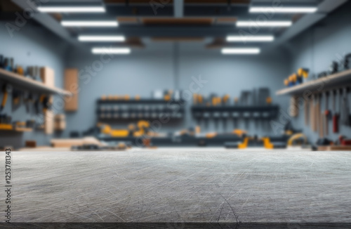 Scratched steel table top and service shop background