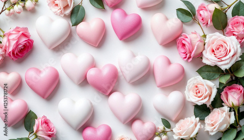 Varios corazones en tonos de rosa y blanco, dispuestos junto a rosas de color rosa suave con hojas verdes, sobre un fondo blanco liso