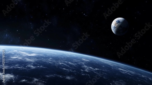 A blue planet with a large moon in the sky. The sky is dark and the planet is the only light source