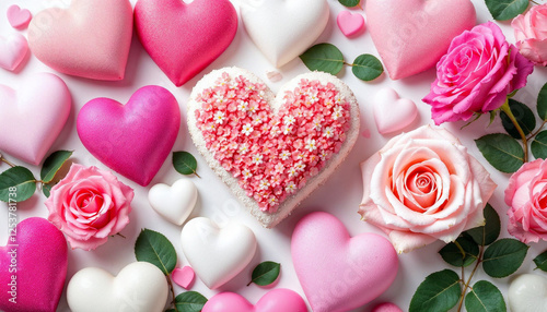 Varios corazones en tonos de rosa y blanco, dispuestos junto a rosas de color rosa suave con hojas verdes, sobre un fondo blanco liso