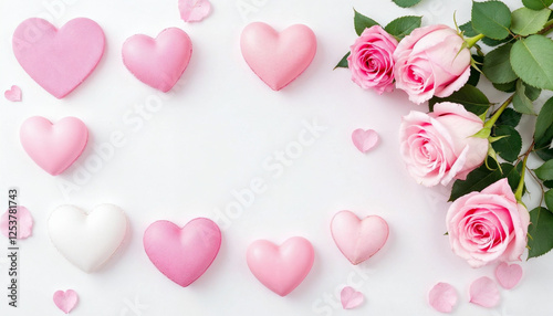 Varios corazones en tonos de rosa y blanco, dispuestos junto a rosas de color rosa suave con hojas verdes, sobre un fondo blanco liso