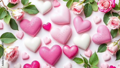 Varios corazones en tonos de rosa y blanco, dispuestos junto a rosas de color rosa suave con hojas verdes, sobre un fondo blanco liso