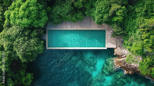 Aerial view of secluded rectangular pool nestled in lush green tropical foliage overlooking ocean. photo