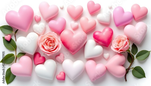 Varios corazones en tonos de rosa y blanco, dispuestos junto a rosas de color rosa suave con hojas verdes, sobre un fondo blanco liso