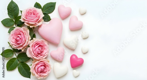Varios corazones en tonos de rosa y blanco, dispuestos junto a rosas de color rosa suave con hojas verdes, sobre un fondo blanco liso