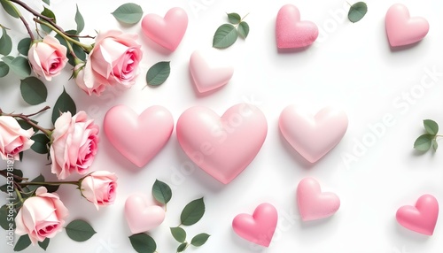 Varios corazones en tonos de rosa y blanco, dispuestos junto a rosas de color rosa suave con hojas verdes, sobre un fondo blanco liso