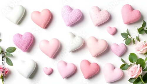 Varios corazones en tonos de rosa y blanco, dispuestos junto a rosas de color rosa suave con hojas verdes, sobre un fondo blanco liso