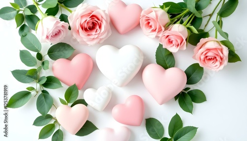 Varios corazones en tonos de rosa y blanco, dispuestos junto a rosas de color rosa suave con hojas verdes, sobre un fondo blanco liso