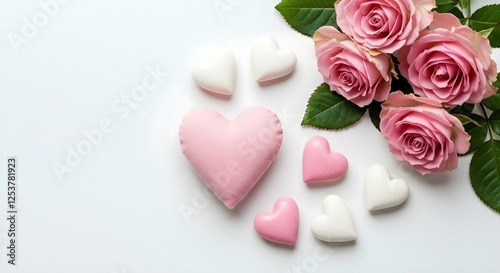 Varios corazones en tonos de rosa y blanco, dispuestos junto a rosas de color rosa suave con hojas verdes, sobre un fondo blanco liso