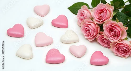 Varios corazones en tonos de rosa y blanco, dispuestos junto a rosas de color rosa suave con hojas verdes, sobre un fondo blanco liso