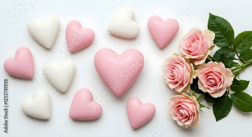 Varios corazones en tonos de rosa y blanco, dispuestos junto a rosas de color rosa suave con hojas verdes, sobre un fondo blanco liso