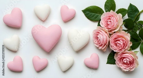Varios corazones en tonos de rosa y blanco, dispuestos junto a rosas de color rosa suave con hojas verdes, sobre un fondo blanco liso
