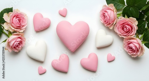 Varios corazones en tonos de rosa y blanco, dispuestos junto a rosas de color rosa suave con hojas verdes, sobre un fondo blanco liso