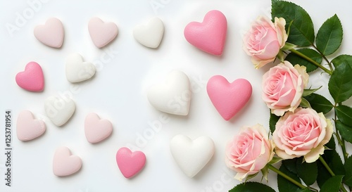 Varios corazones en tonos de rosa y blanco, dispuestos junto a rosas de color rosa suave con hojas verdes, sobre un fondo blanco liso