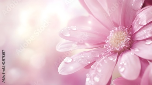 Exquisite macro close up of a delicate pink flower with glistening dew drops on its soft delicate petals  The blooming blossom is set against a blurred serene natural background creating a tranquil