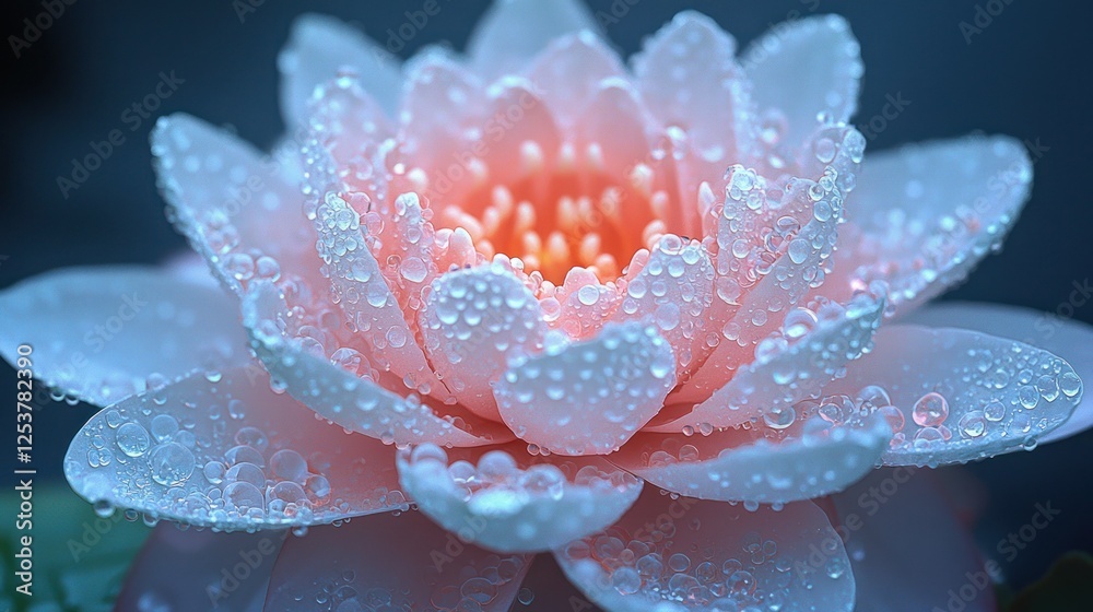Pink water lily, dew drops, close-up, pond background, nature photography Pink water lily, dew drops, close-up, pond background, nature photography