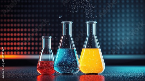 Colorful Chemistry Flasks with Red Blue and Yellow Liquids on a Dark Background photo