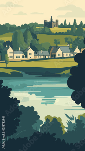 Quaint Bibury Village Panorama with River and Castle, Gloucestershire UK Landscape Vector