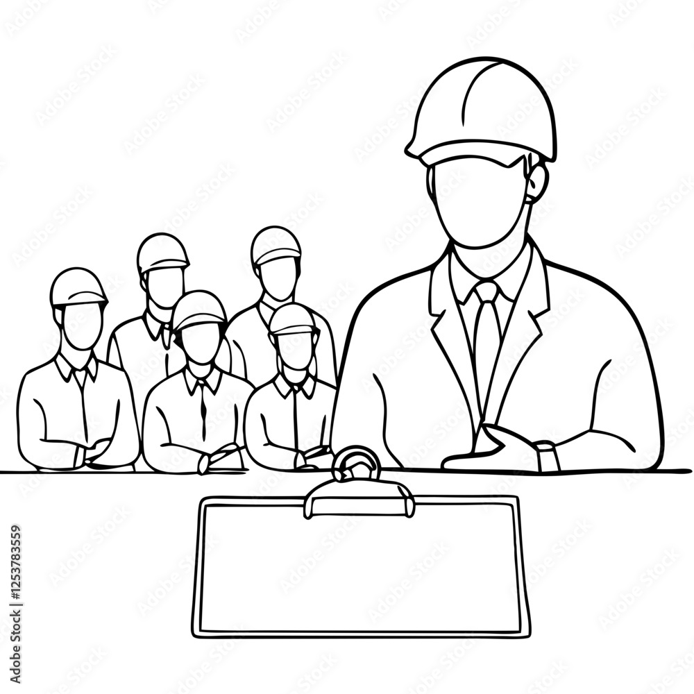 Outline of construction team with a leader holding a clipboard in a minimalist style Outline of construction team with a leader holding a clipboard in a minimalist style