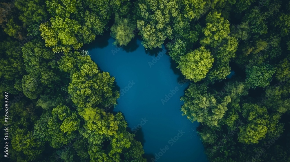 A forest with a lake in the middle. The lake is blue and surrounded by trees. The trees are green and the sky is clear A forest with a lake in the middle. The lake is blue and surrounded by trees. The trees are green and the sky is clear