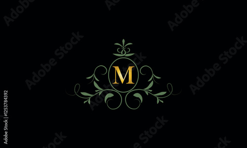 Stylish elegant logo with letter M on dark background. Sign for restaurant, emblem of jewelry, boutique, hotel, business.