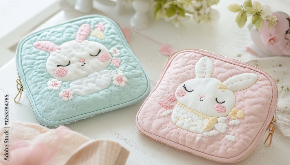Two small bags featuring a bunny design are placed on a table, showcasing a playful and whimsical aesthetic suitable for various occasions. Two small bags featuring a bunny design are placed on a table, showcasing a playful and whimsical aesthetic suitable for various occasions.