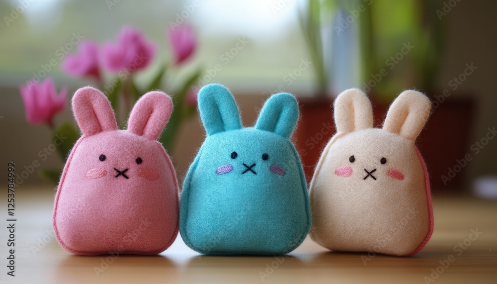Three adorable stuffed animals are positioned on a table beside a colorful vase filled with vibrant flowers, creating a charming and cozy scene. Three adorable stuffed animals are positioned on a table beside a colorful vase filled with vibrant flowers, creating a charming and cozy scene.