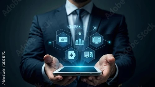 Wallpaper Mural businessman holding digital screen displaying employee benefits icons, modern technology, human resources concept, dark background
 Torontodigital.ca