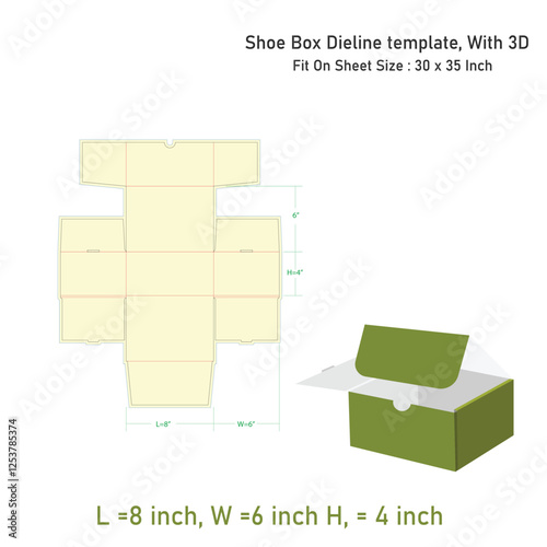 Shoe Box Dieline template, With 3D 8x6x4 inch, Vector File