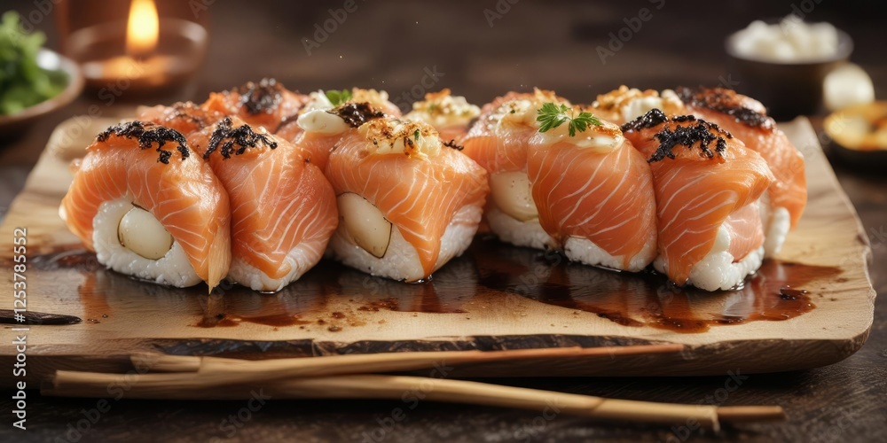 A plate of burned salmon sushi with melted mozzarella and soy sauce, cheese sushi, smoky flavor, burnt offerings A plate of burned salmon sushi with melted mozzarella and soy sauce, cheese sushi, smoky flavor, burnt offerings