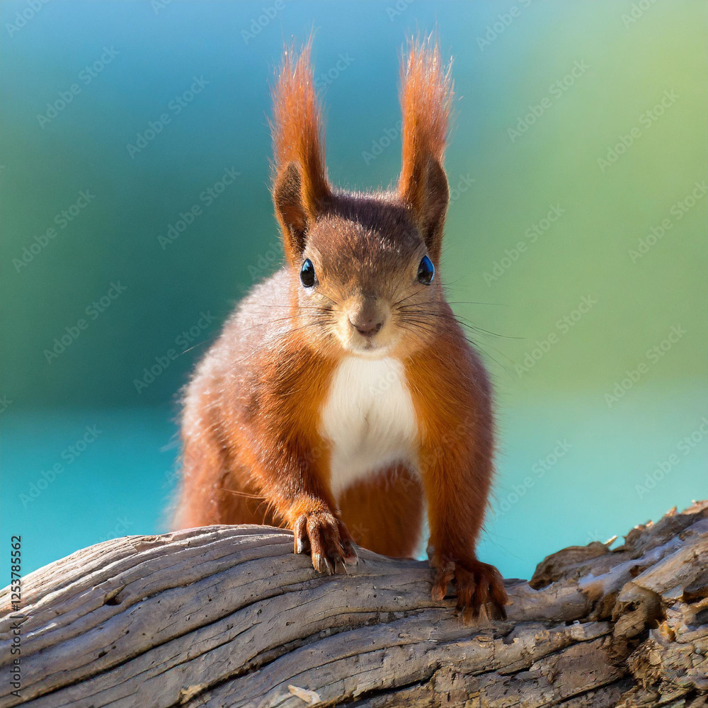 Red squirrel perched on the end of log with a blue/green background
Red squirrel perched on the end of log with a blue/green background