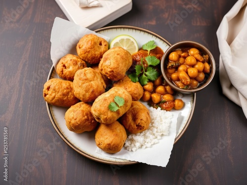 A plate of bread pakoras with a side of spicy chickpea curry, ChickpeaRecipe, BreadPakora, FriedSnacks photo