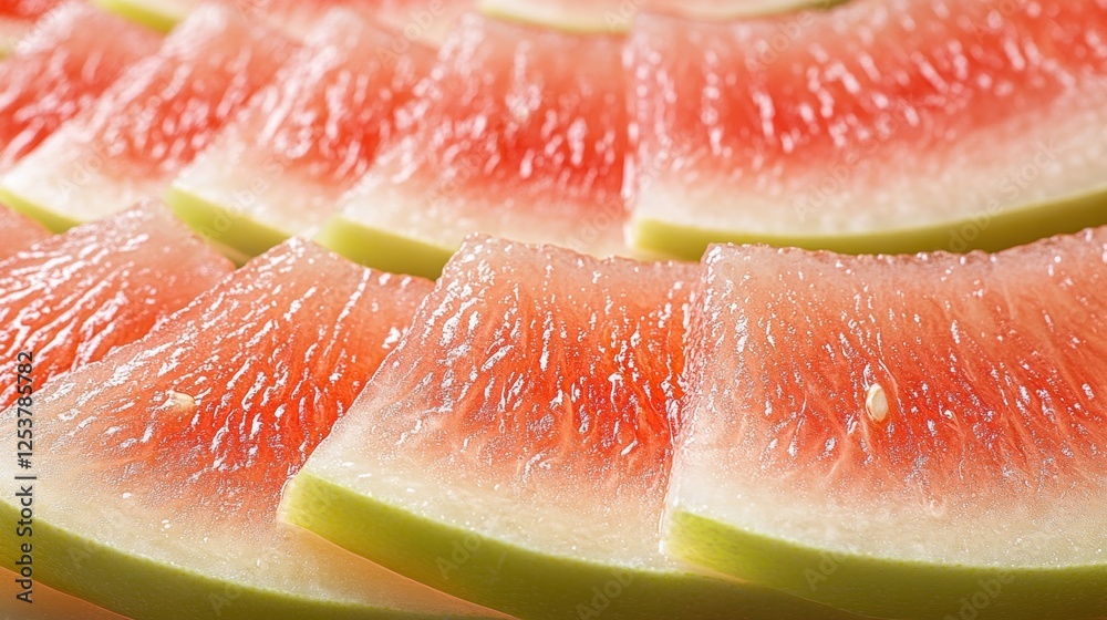 Closeup of Freshly Sliced Watermelon Revealing Juicy Red Flesh and Green Rind Closeup of Freshly Sliced Watermelon Revealing Juicy Red Flesh and Green Rind